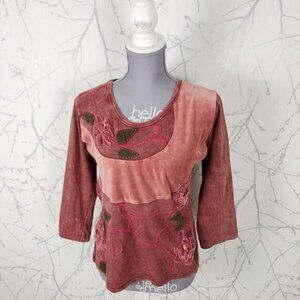 Leopards & Roses Patchwork 3D Floral Embroidered Cotton Round Neck Top